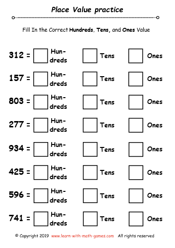 Hundreds Tens Ones Place Value Chart